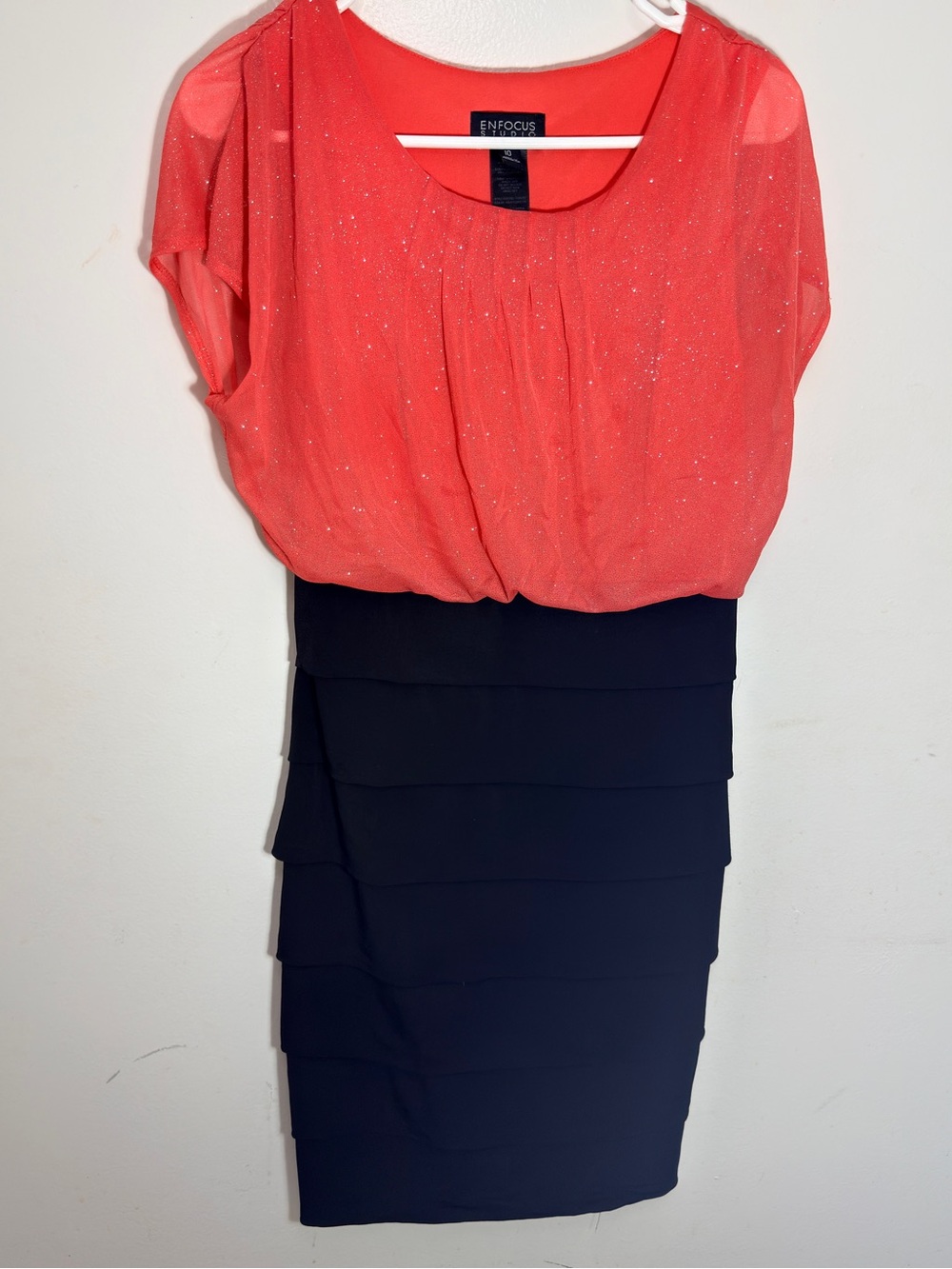 Enfocus Studio Coral Glitter Blouson Top with Black Layered Pencil Skirt-Size 10